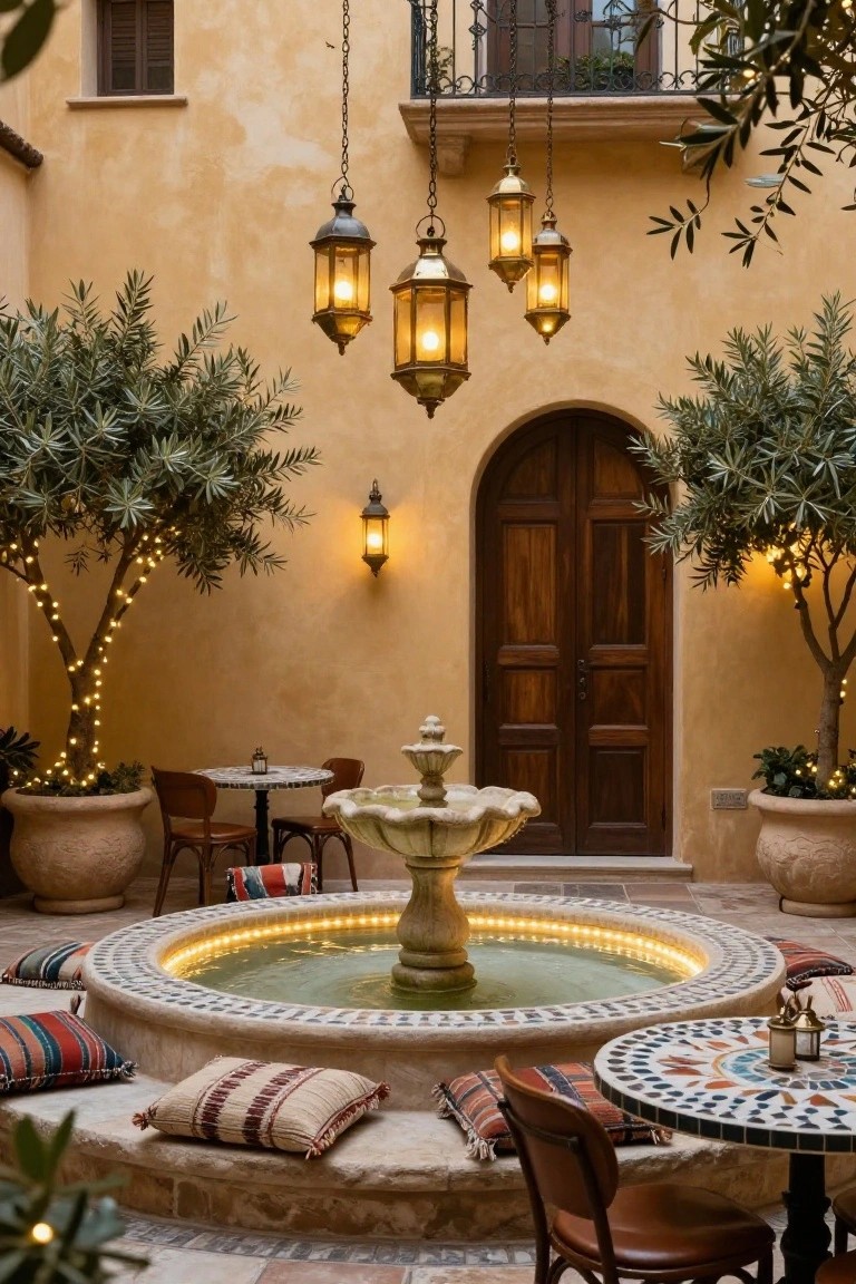 Courtyard with central stone fountain ringed by LED lights, potted olive trees wrapped in string lights, hanging brass lanterns, low seating cushions, and mosaic-topped tables against ochre walls.