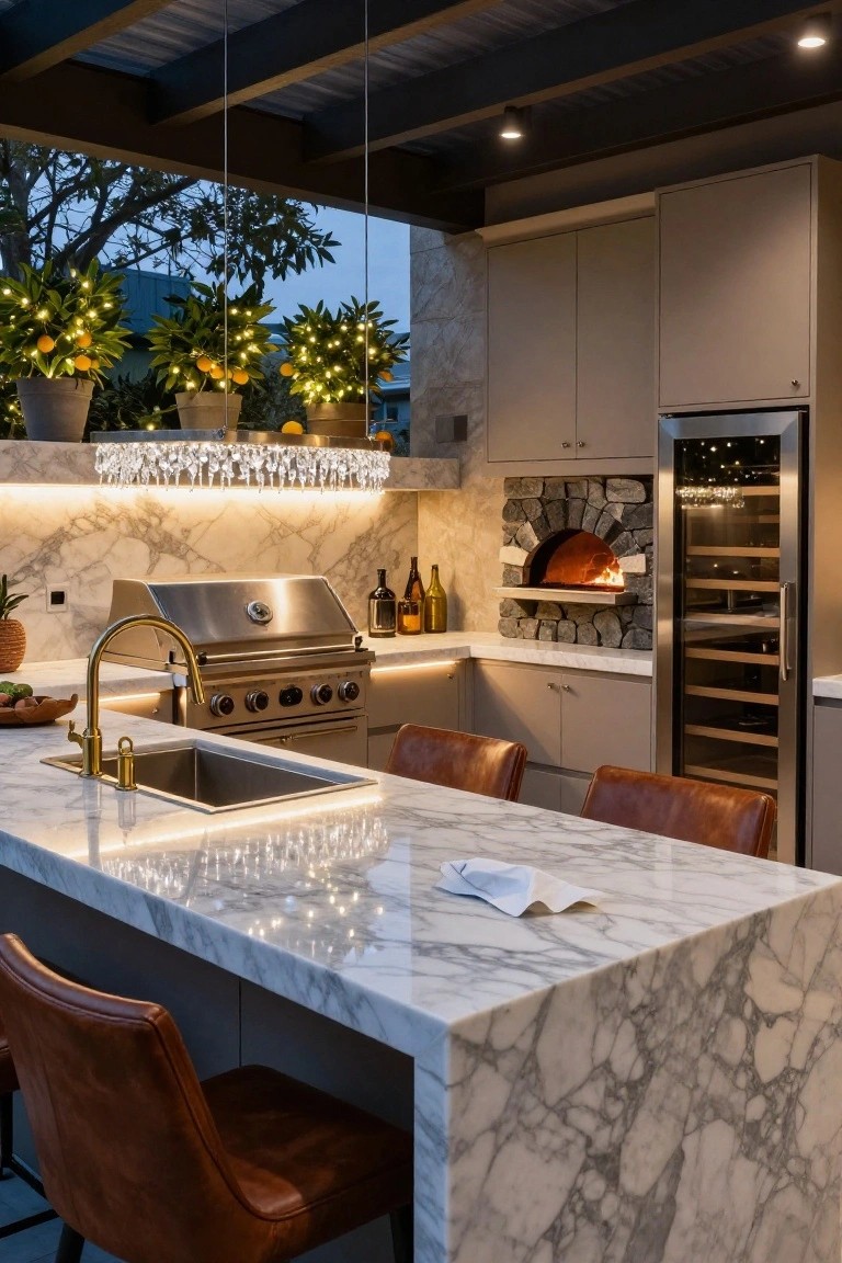 Outdoor kitchen under a covered patio with marble island, gas grill, gold faucet sink, wood-fired pizza oven, wine fridge, tan cabinets, leather bar stools, potted citrus trees wrapped in string lights, and a crystal-draped light fixture over a shelf of oranges.