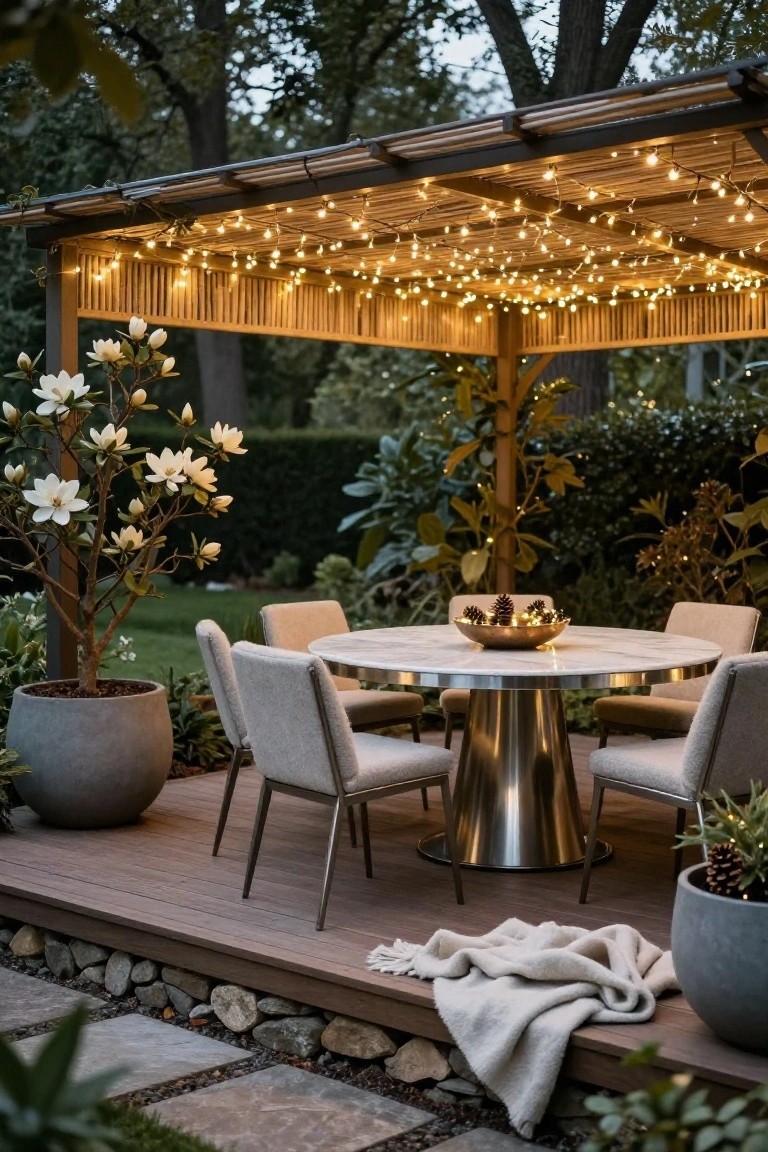Round marble-topped table with four cream upholstered chairs and brass bowl of lit pinecones under a bamboo pergola strung with warm white fairy lights on a wooden deck surrounded by potted plants and greenery.