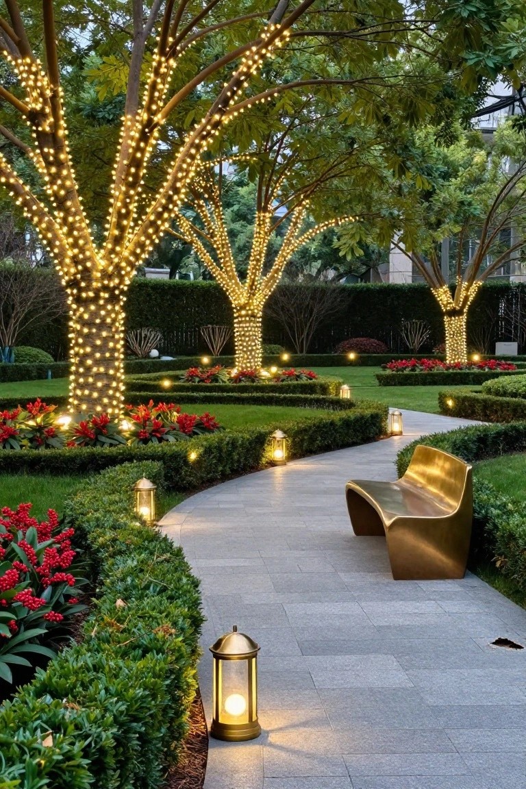A nighttime garden path of gray stone curving through boxwood hedges and red poinsettia beds toward a curved gold metal bench, with mature trees wrapped in white string lights and brass lanterns along the edges.