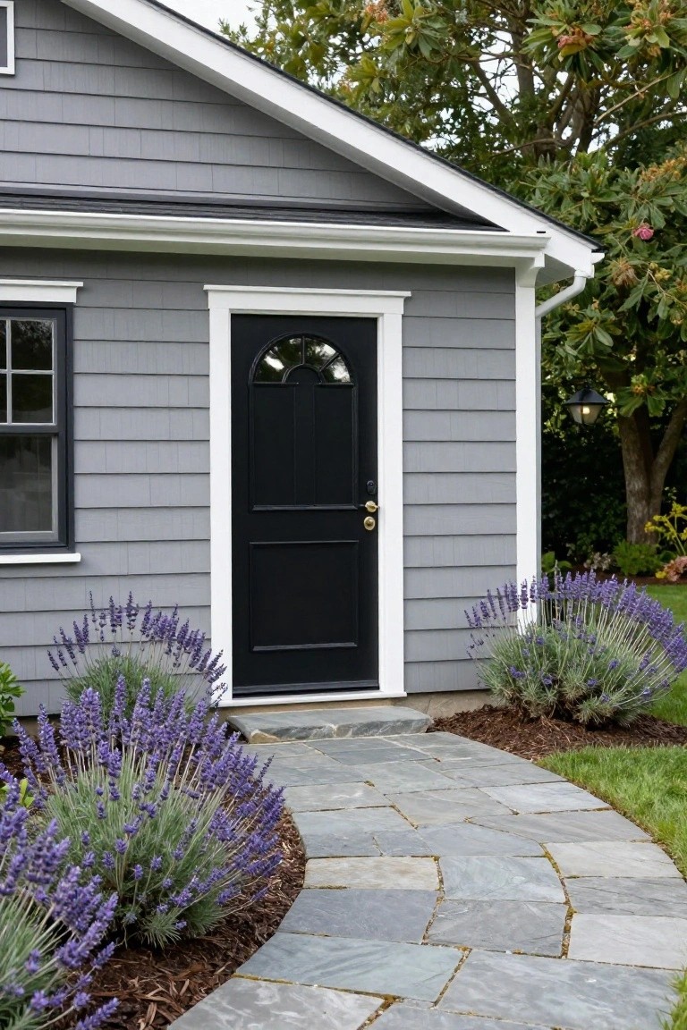 Gray shingle-sided cottage exterior featuring white trim around a black arched front door and window, with lavender bushes and a curved flagstone path leading to the entry.