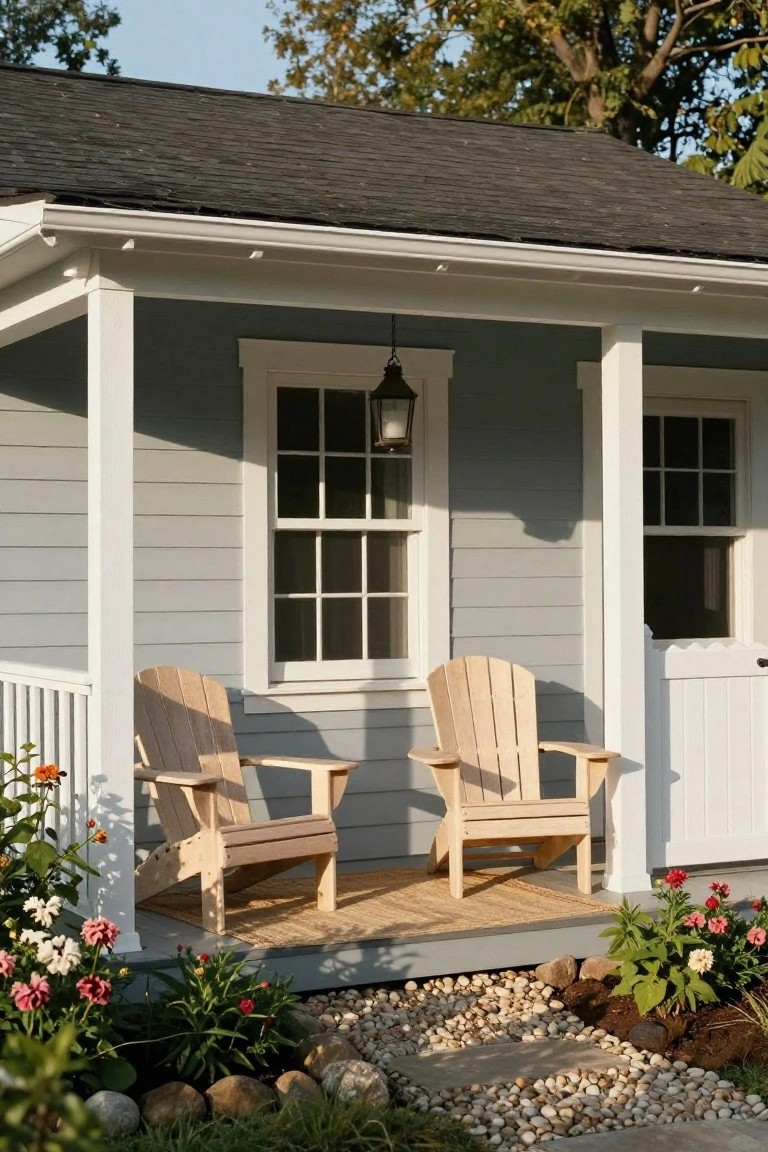 Grey shingle-style cottage with white trim, featuring a covered porch with two light wood Adirondack chairs on a deck, a hanging lantern by the window, and flower beds edged with pebbles and stones.