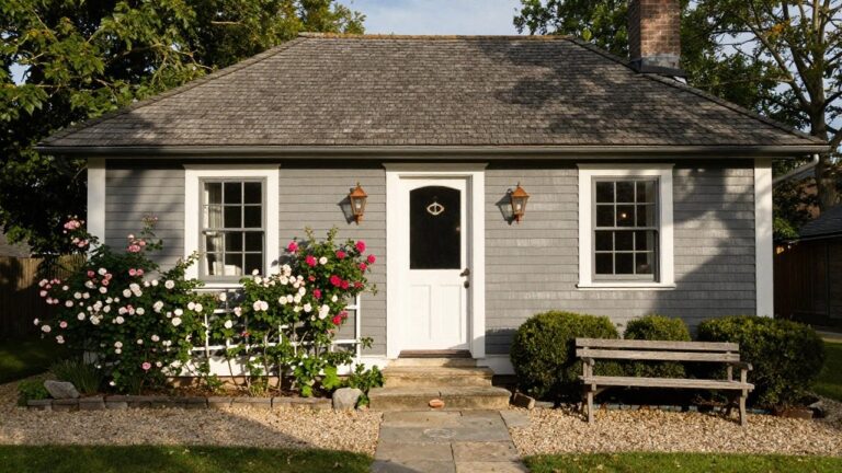 15 Grey Cottage Exteriors With White Trim for a Subtle Contrast Gray shingled cottage with white trim around windows and arched blue front door, pink climbing roses covering a trellis to the left of the door, wooden bench to the right, slate stone steps and path, boxwood shrubs, and gravel edging in the yard.