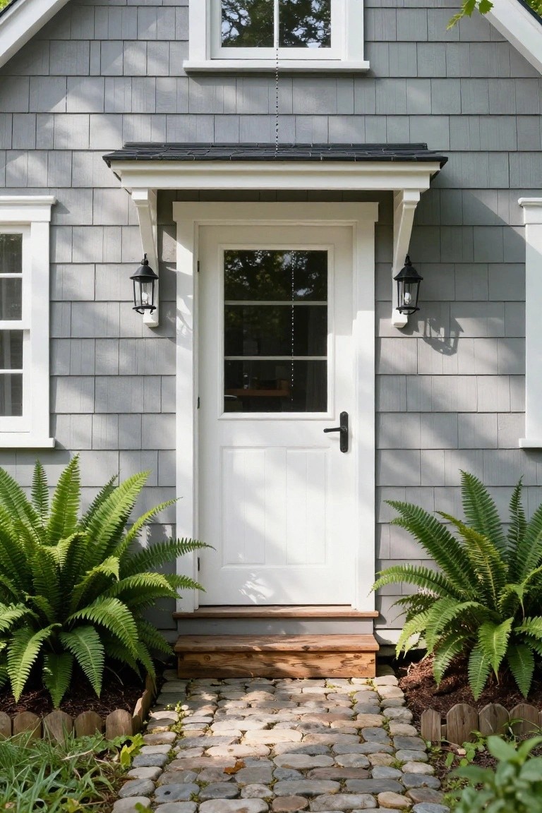 Gray shingled cottage exterior with white trimmed door and windows, black lanterns flanking the entry, ferns on either side, and a cobblestone path leading to wooden porch steps.