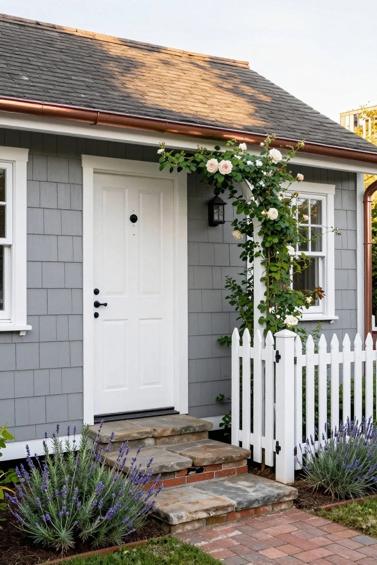 Grey shingled cottage with white door and window trim, pink climbing roses on an arched trellis over the entry, white picket fence gate, lavender plants beside stone steps, and brick path.