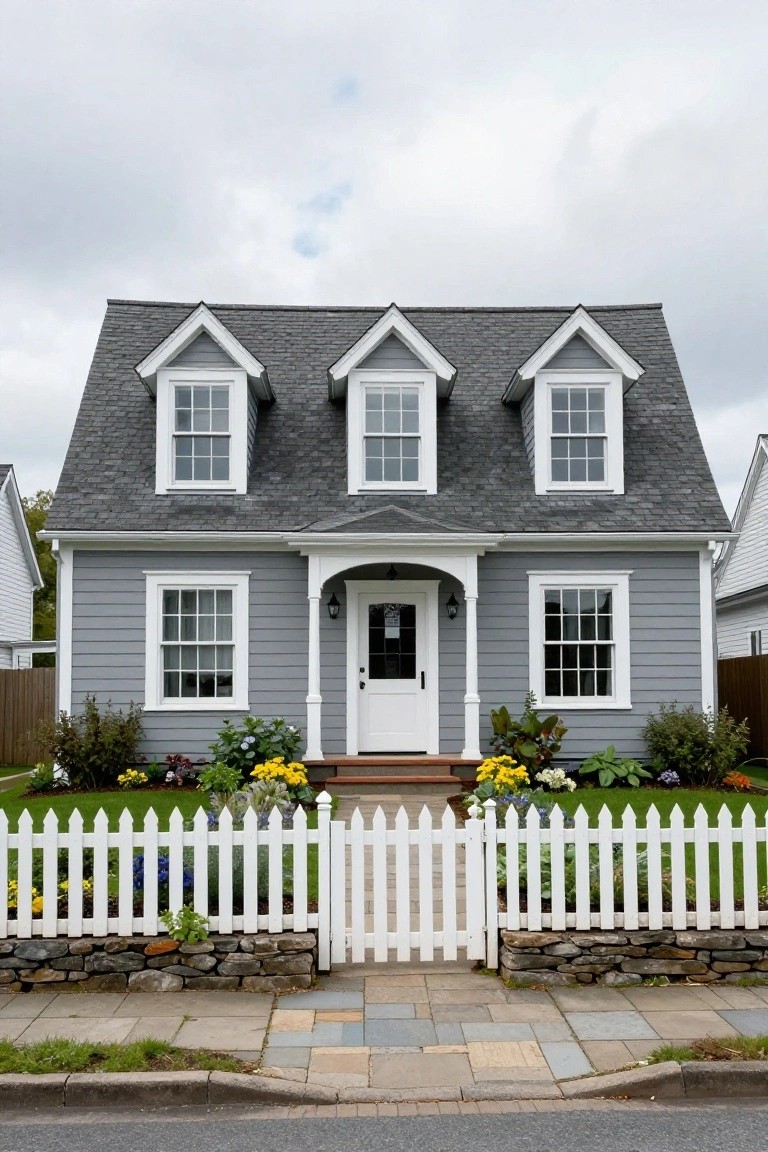 A grey shingle-style cottage with white trim on windows and porch, gabled dormers, white picket fence, stone wall base, flower beds, and paved walkway in front.