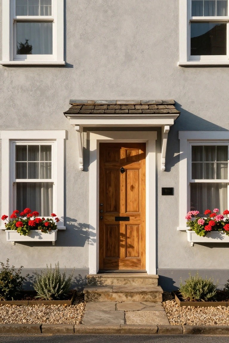 Front view of a two-story grey cottage exterior with white window trim, wooden front door under a small porch roof, red geraniums in white window boxes, stone entry steps, and gravel landscaping at the base.