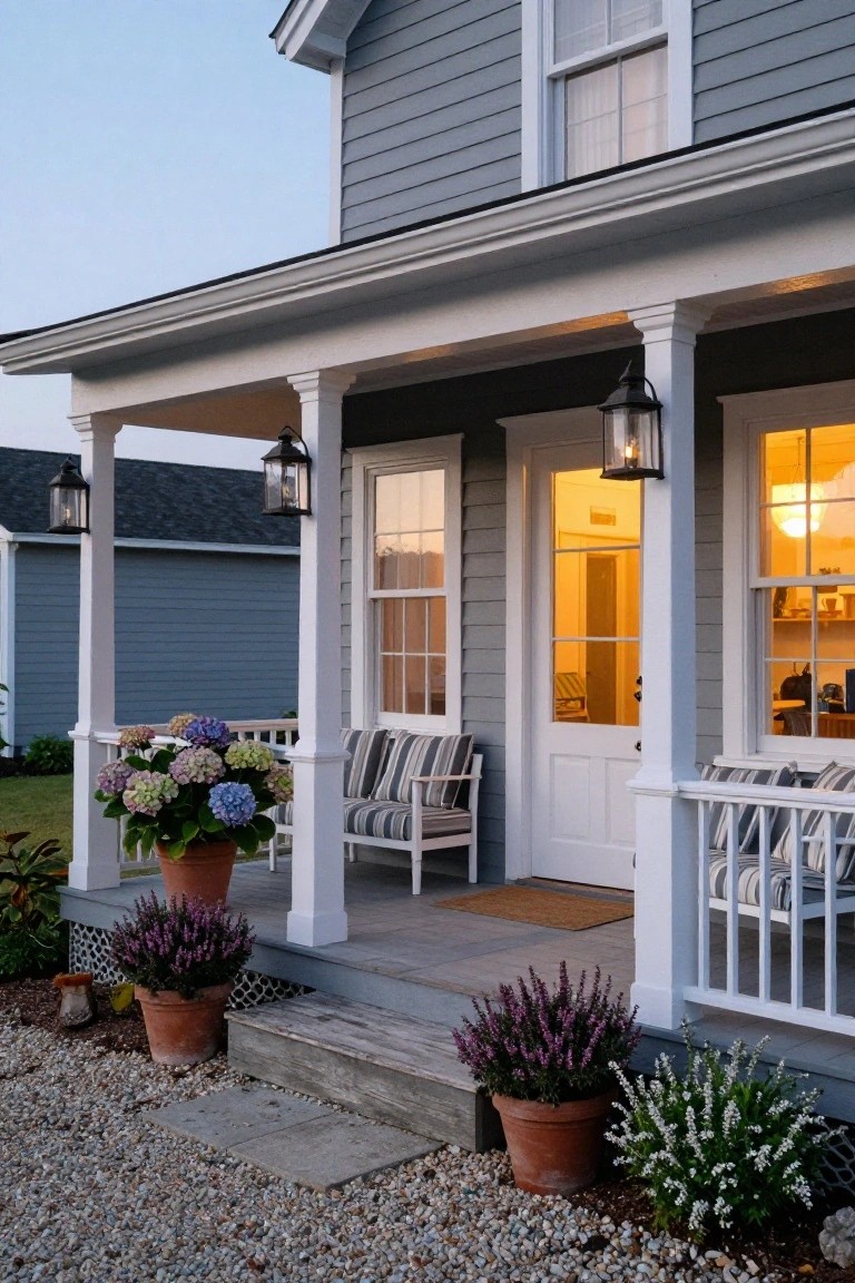 Grey shingle-style cottage exterior with white trim, front porch displaying striped chairs, potted hydrangeas and heather plants, lanterns, and a white door visible through glass panels at dusk with gravel path in foreground.