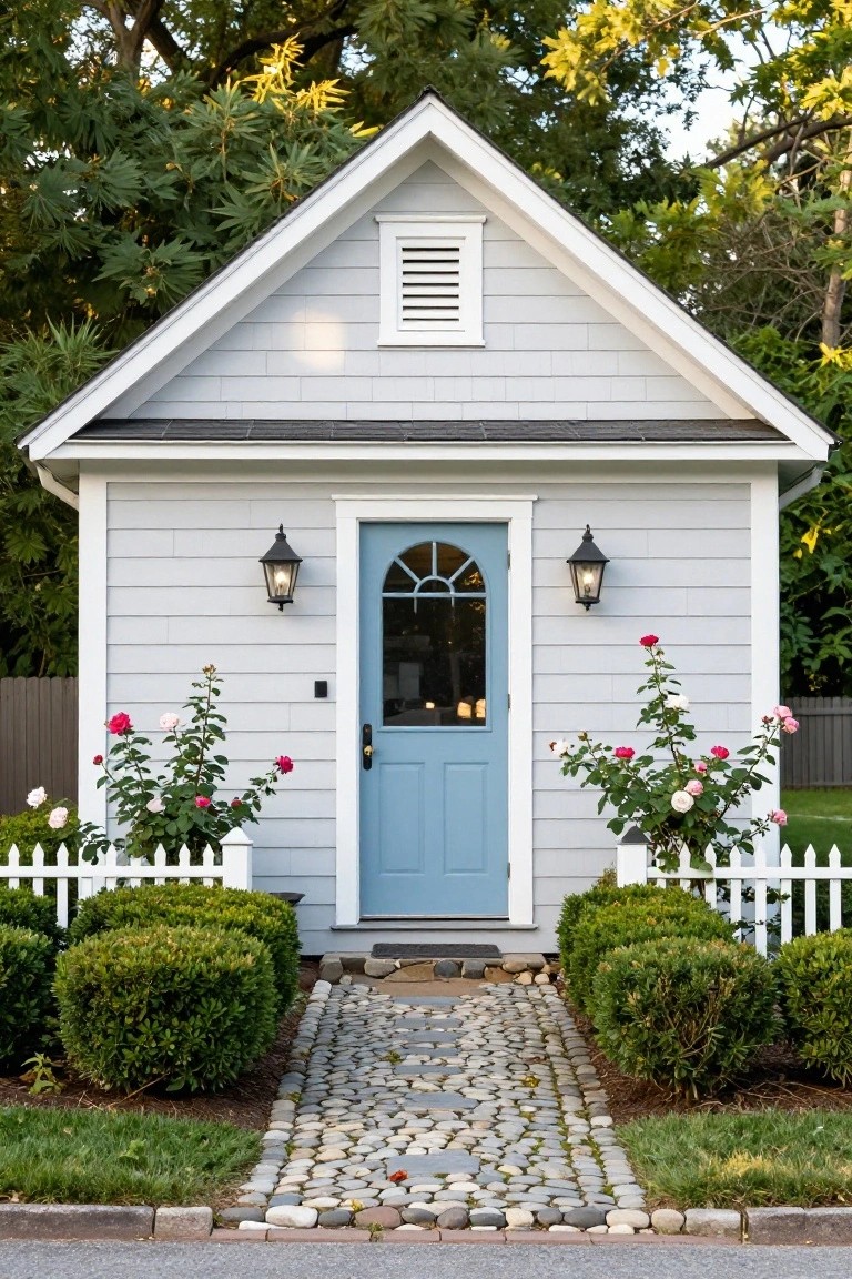 Small grey clapboard cottage with white trim, arched blue front door, black lanterns on sides, rose bushes nearby, white picket fence, boxwoods, and pebble path in front yard.