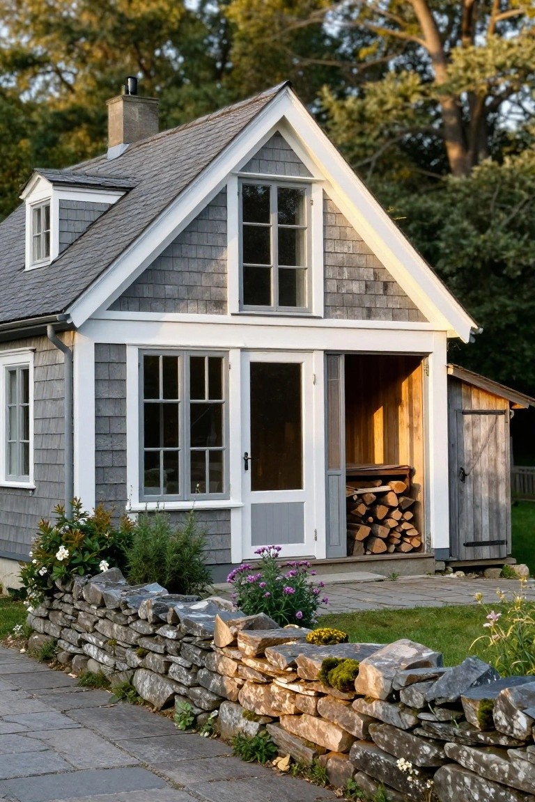 Small grey shingled cottage with white trim, dormer window, multi-pane front windows, open portico with firewood stack, wooden shed, stone wall, plants, and paver path in a garden setting.