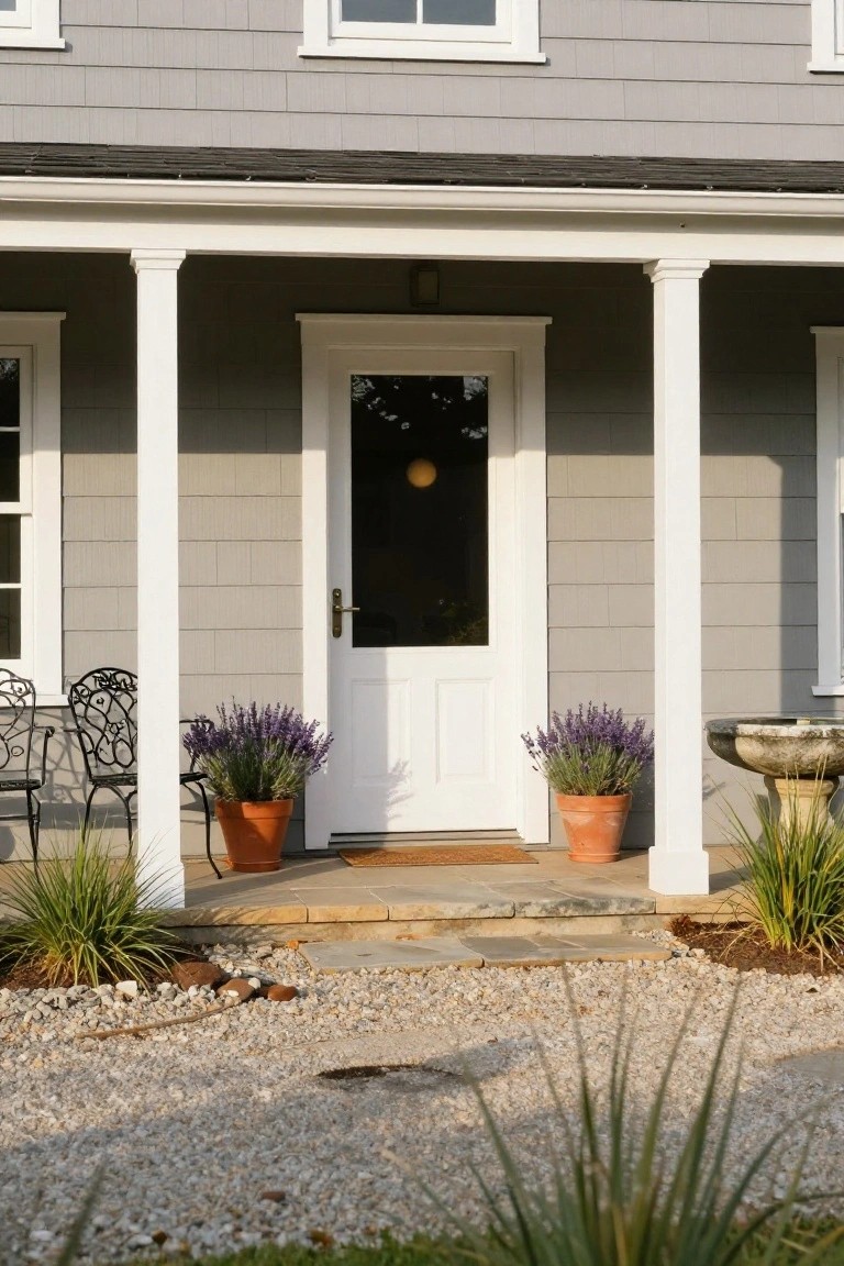 Grey shingle-sided cottage house exterior with white porch supported by columns, white front door, potted lavender plants on either side of the door, black wrought iron chairs, stone steps, and gravel ground cover with grasses.