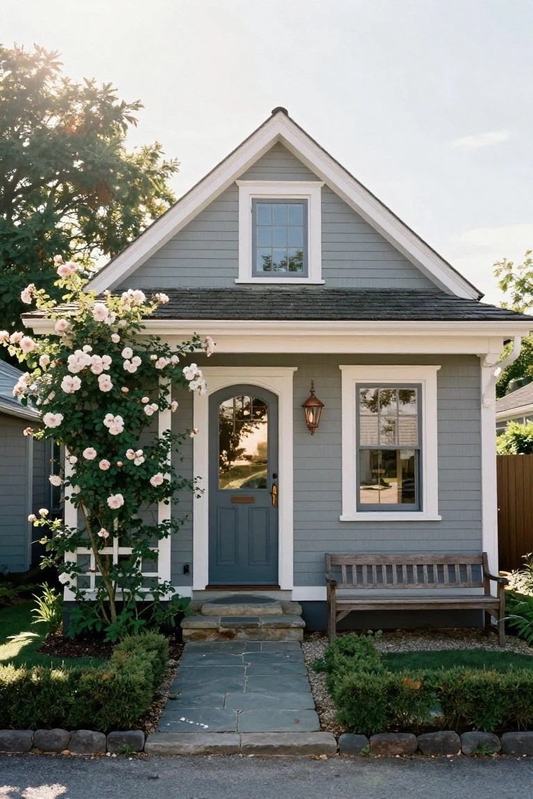 Gray shingled cottage with white trim around windows and arched blue front door, pink climbing roses covering a trellis to the left of the door, wooden bench to the right, slate stone steps and path, boxwood shrubs, and gravel edging in the yard.