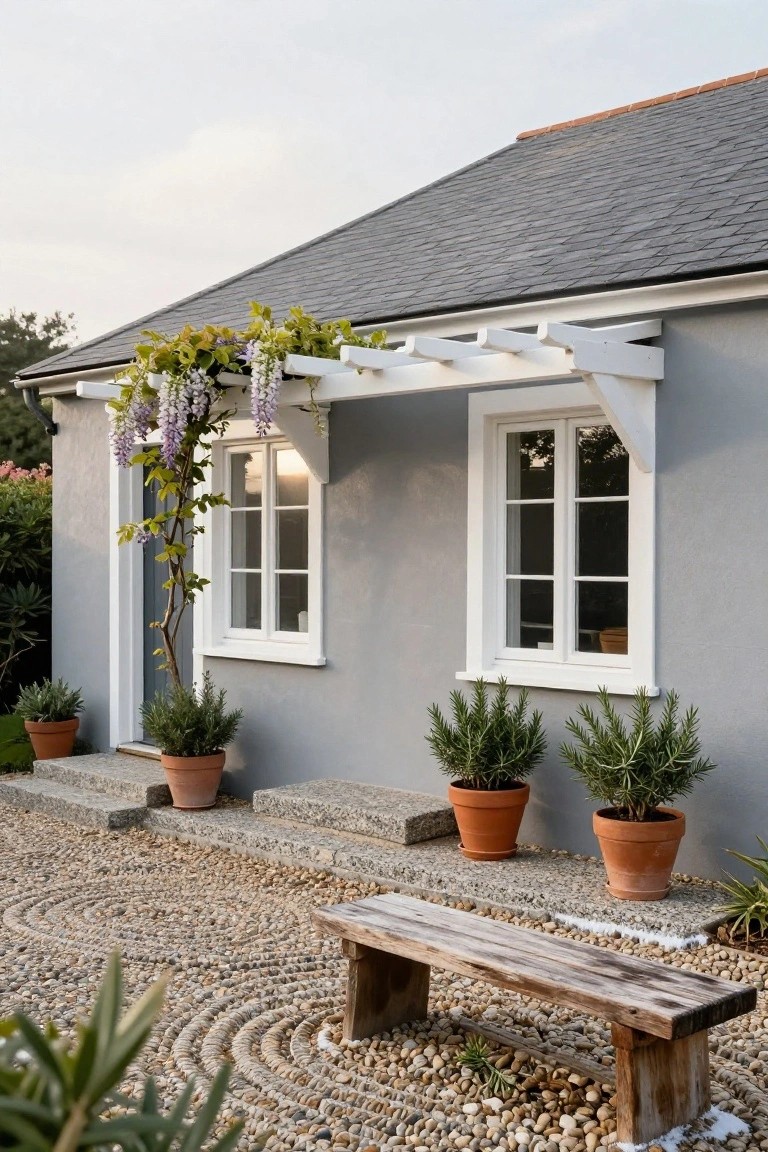 Light grey rendered cottage exterior with white wooden windows, door frame, and pergola covered in purple wisteria vines, flanked by terracotta pots of rosemary on stone steps, gravel yard with pebble patterns, and weathered wooden bench.