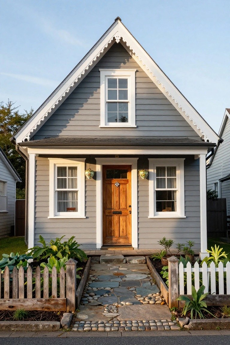 Gray shingled cottage house with white trim on windows and roofline, wooden front door with brass knocker flanked by green lanterns, stone pathway leading to picket fence garden bed with plants.