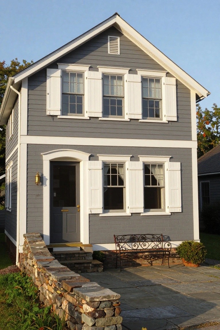 A two-story grey shingle cottage with white trim, louvered shutters on multi-pane windows, an arched entry with dark green door flanked by sidelights, brass lantern, stone retaining wall, wrought iron bench, and potted shrub on a bluestone patio.