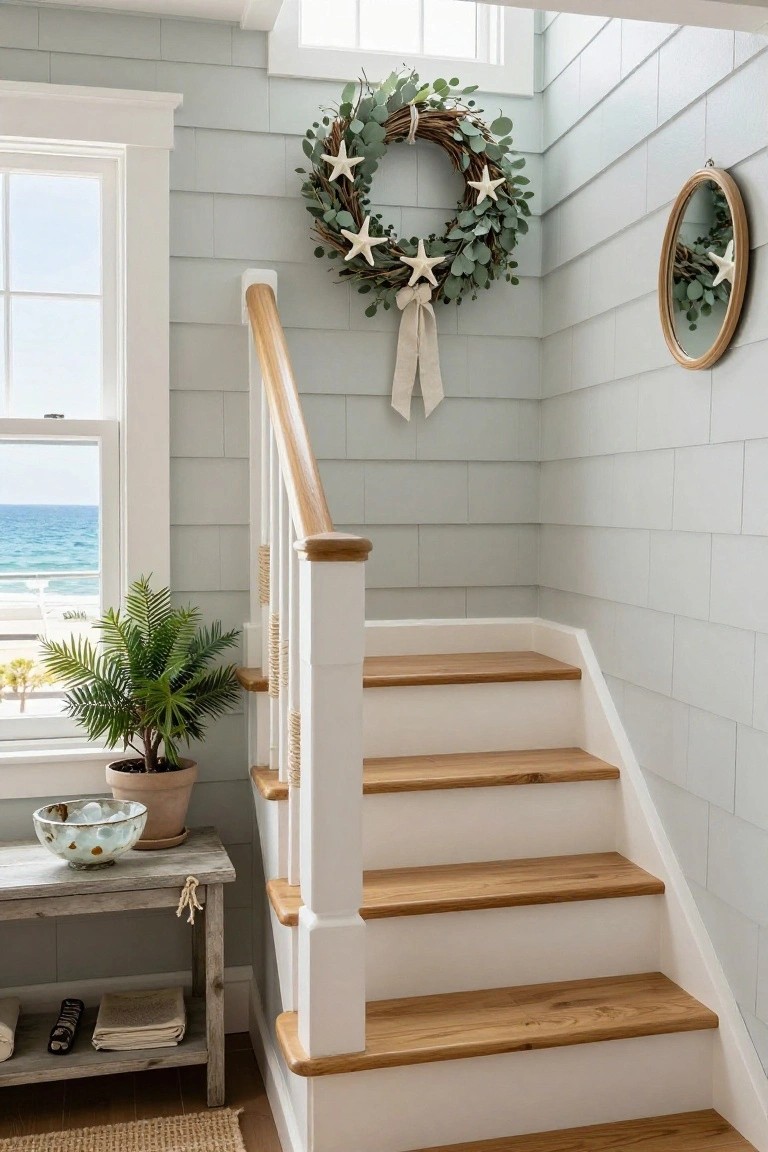 Light blue shiplap walls in a home staircase corner with a large eucalyptus wreath featuring white starfish hung above wooden stairs, a potted palm plant on a side table, and a window showing the ocean.