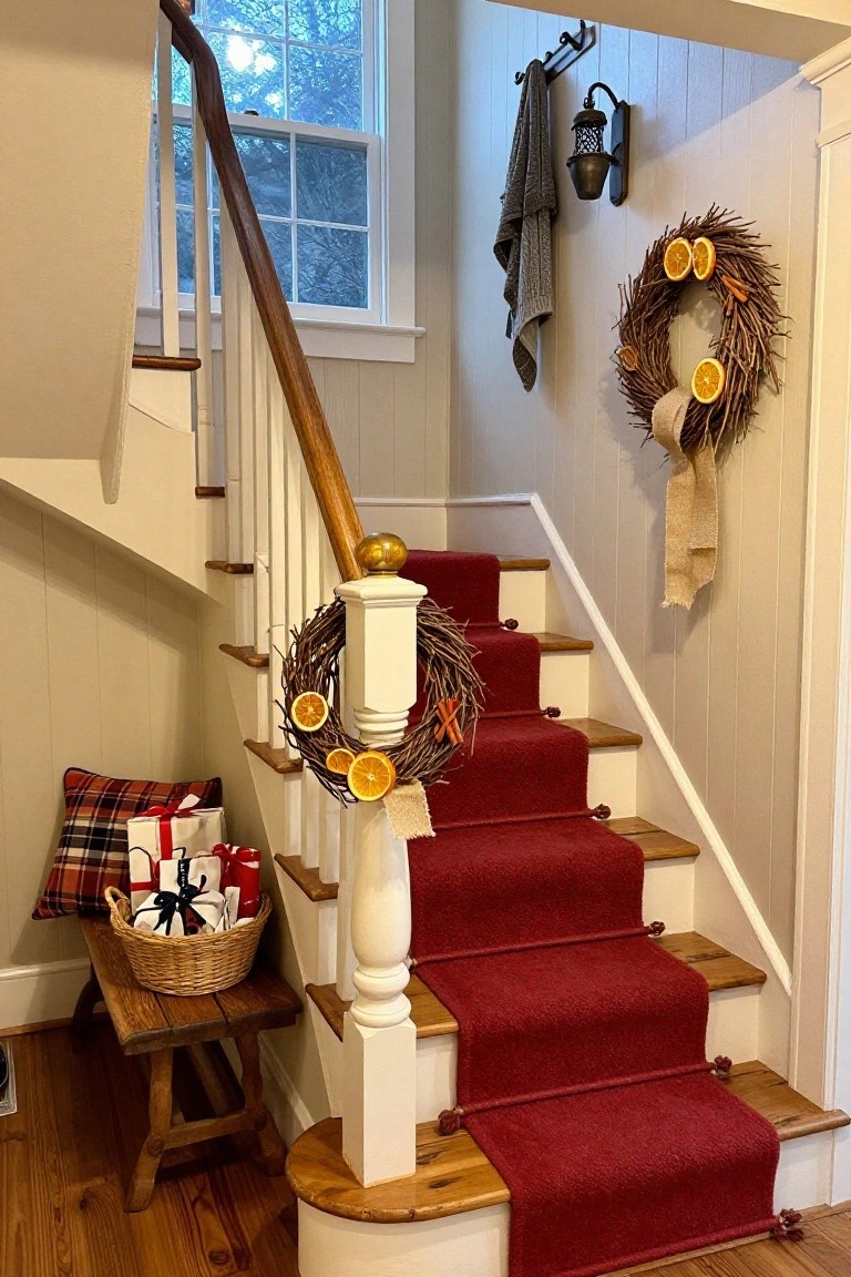 Wooden staircase with white balusters and red carpet runner, featuring twig wreaths with dried orange slices on the newel post and wall, plaid pillows and wrapped gifts in a basket on a nearby bench.