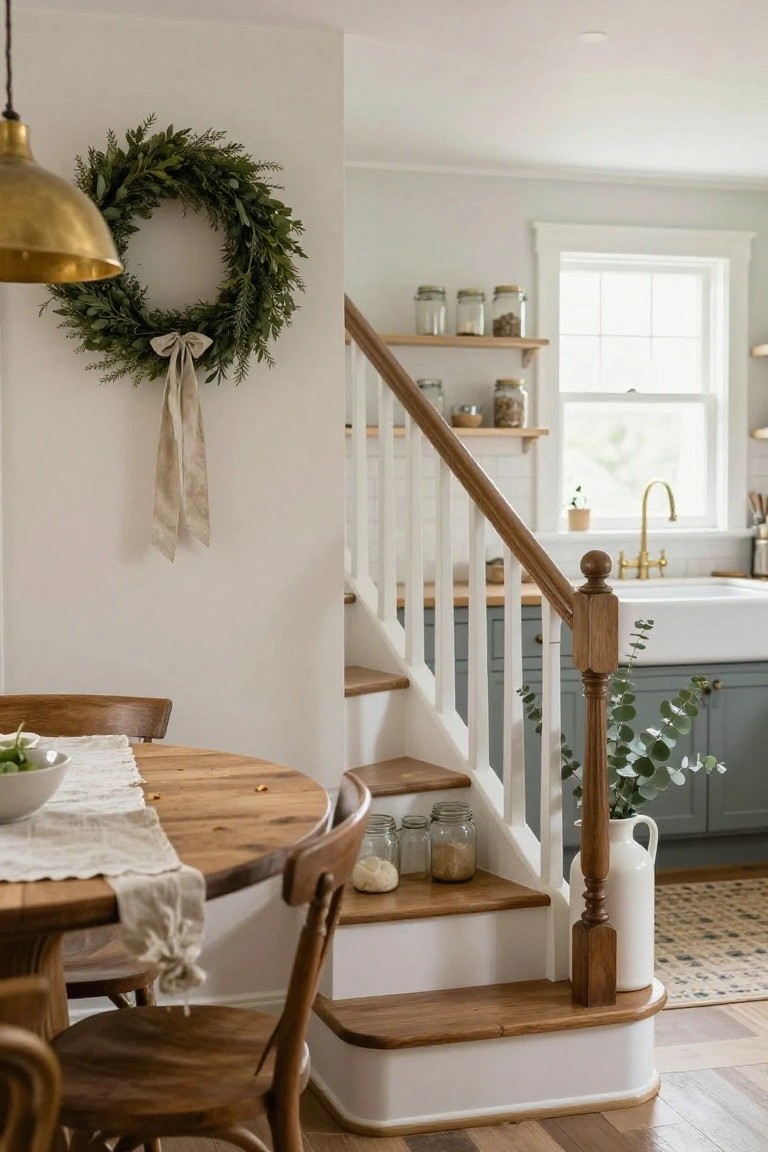 A large evergreen wreath with a beige linen bow hangs on a white wall adjacent to wooden stairs in an interior kitchen dining space with a round wooden table, chairs, jars on steps, and teal cabinets nearby.