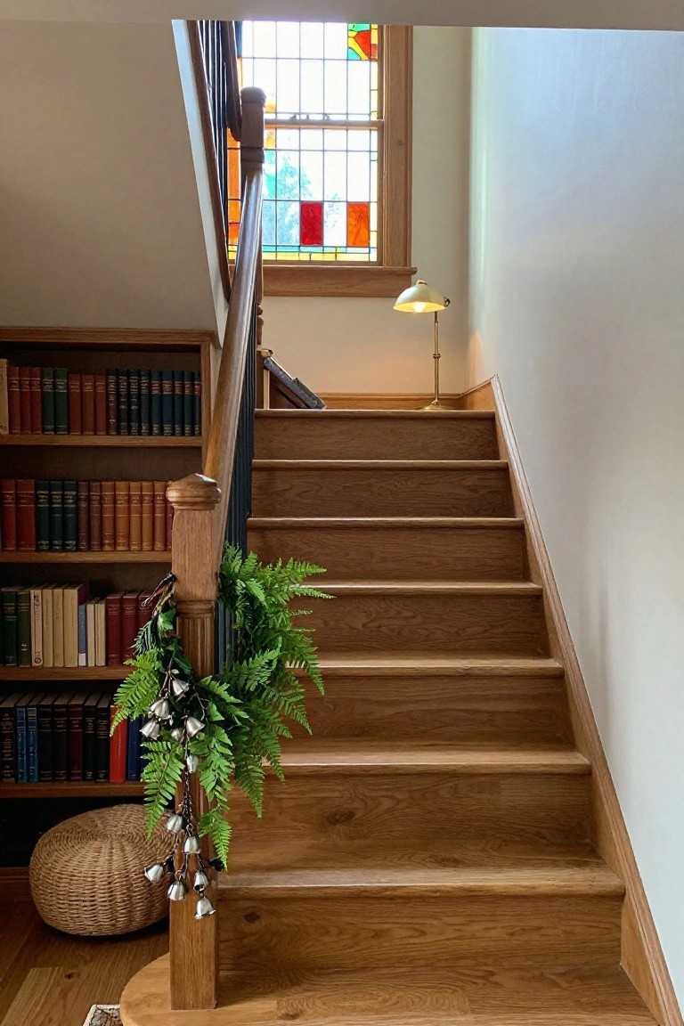 Fern Garland with Bells on Stair Post
