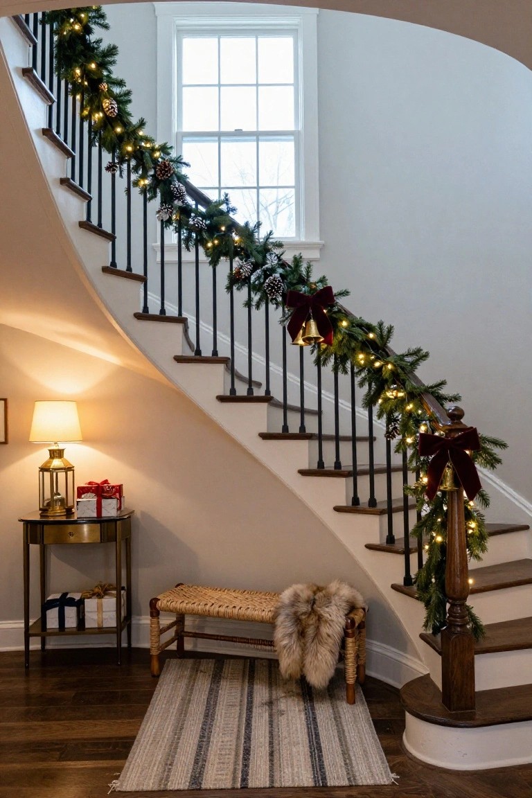 Holiday Garland on Stair Rails