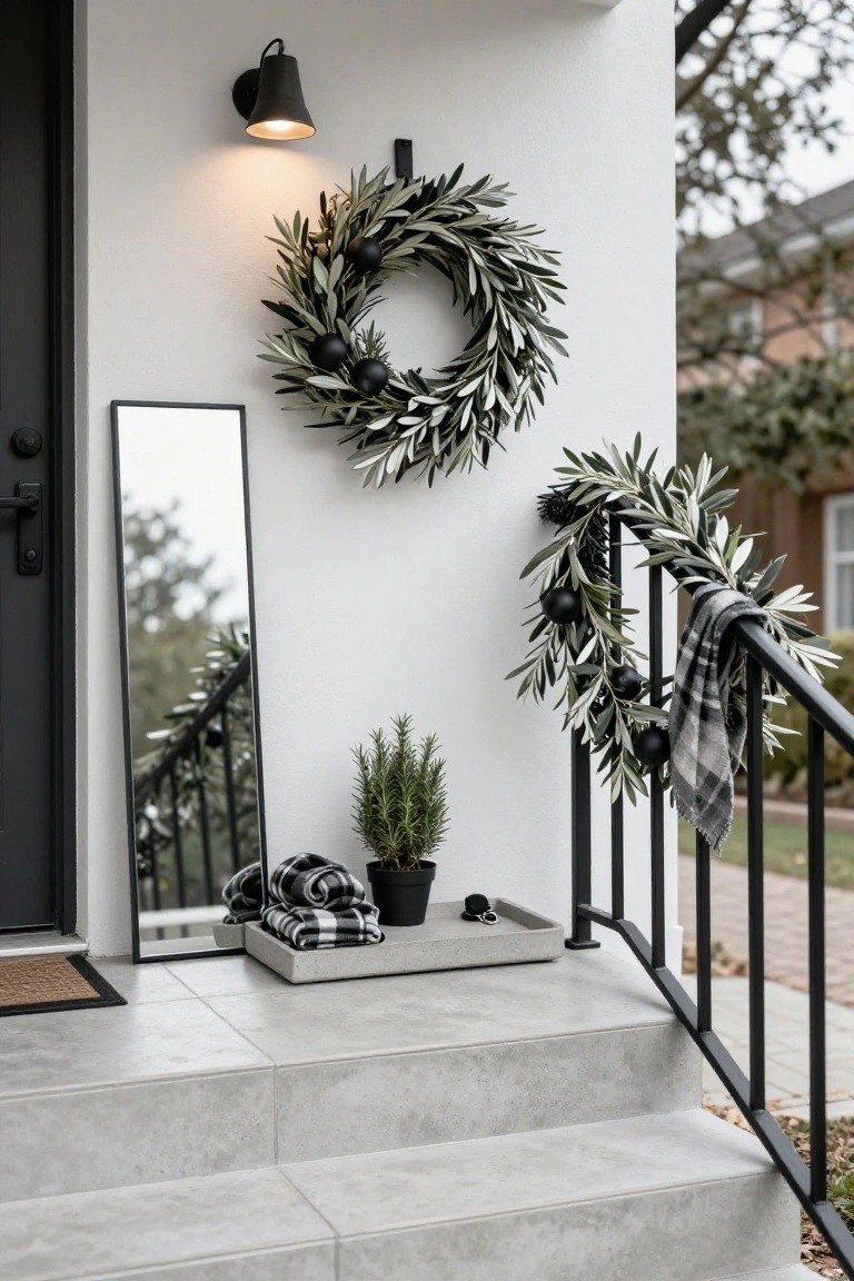 White exterior wall next to black front door with full-length black-framed mirror, olive leaf wreath with black ornaments on wall, olive garland with black ornaments and plaid scarf draped on black metal stair railing, potted rosemary and folded plaid fabrics on concrete tray at doorstep, concrete steps leading down.