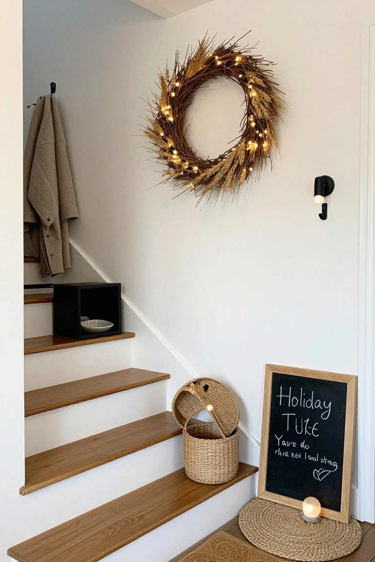 White wall beside wooden stairs with a lit wheat wreath hanging on a hook, beige coat draped nearby, black cube shelf holding a white bowl, woven basket with lights, oak-framed chalkboard sign reading 
