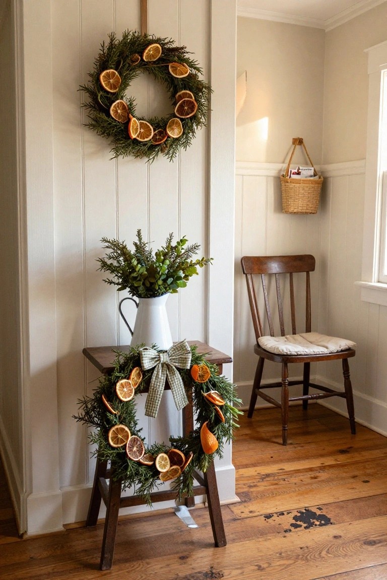 Indoor corner with white beadboard walls, a large wreath of greenery and dried orange slices hanging on the wall, a smaller matching wreath on a wooden stool holding a white pitcher of branches, a wooden chair nearby, and a wicker basket on the adjacent wall.