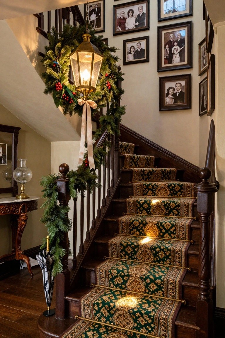 Grand interior staircase with dark wood banister draped in evergreen garland and red berries, a large lit brass lantern encircled by a matching wreath hanging on the beige wall, ornate green carpet runner on steps, family portraits in frames, and antique side table with lamp nearby.