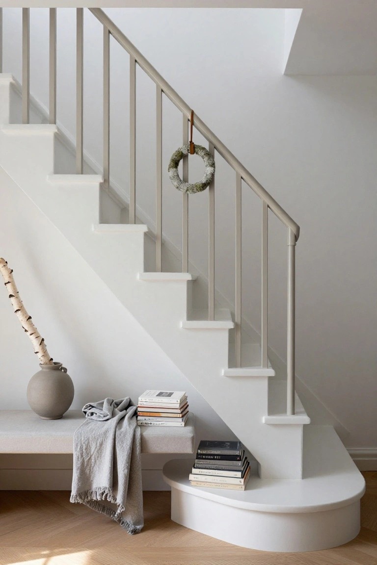 White curved staircase with gray metal railing and balusters, a small greenery wreath hanging from the railing by a cord, a built-in bench at the base holding stacked books and a gray throw, and a tall ceramic vase with birch branch next to it.
