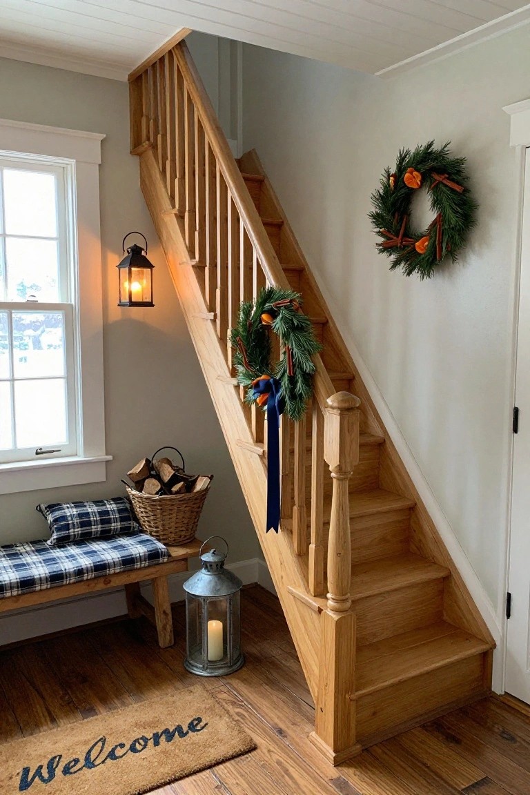 Wooden staircase with oak railings and newel post, decorated with an evergreen garland and wreath tied in navy blue ribbon on the railing and a matching wreath on the wall, plus a plaid bench, firewood basket, and lanterns nearby.