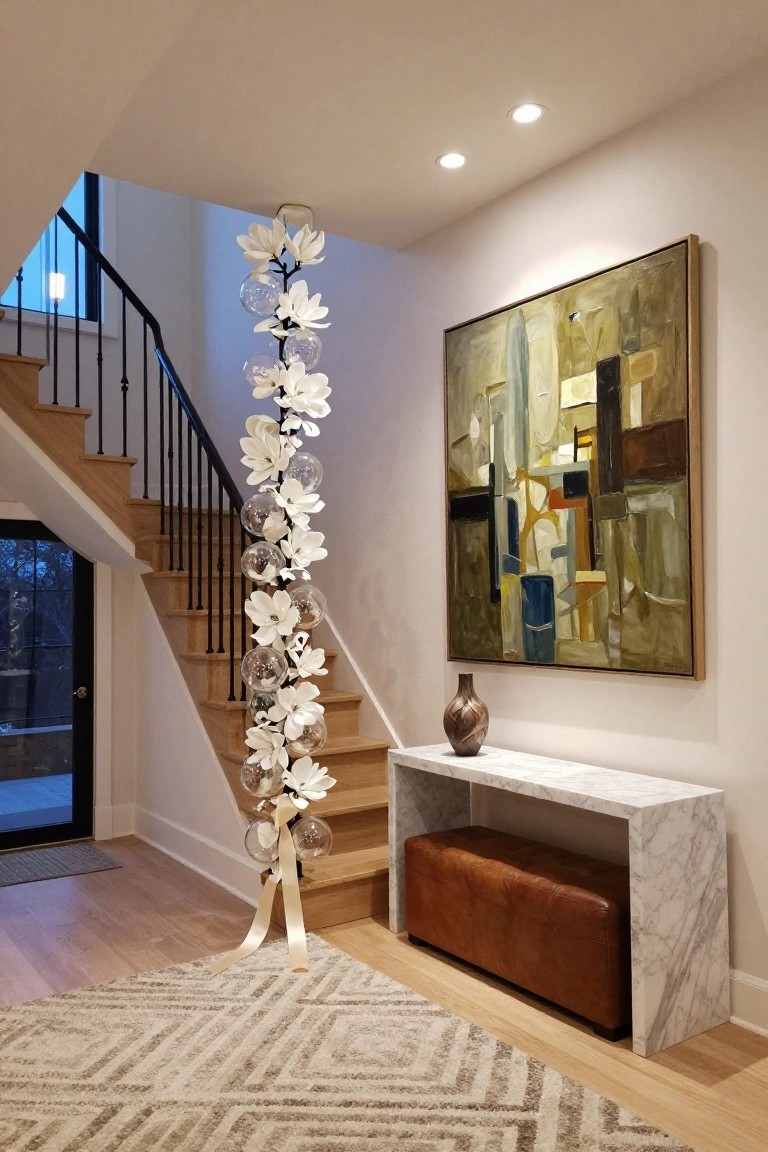 Vertical Magnolia Garland Up the Stairs