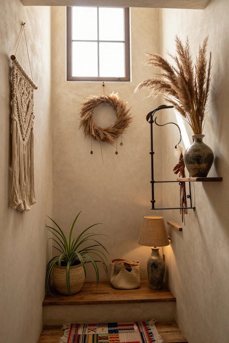 Beige interior staircase nook with textured walls, a circular wheat wreath hanging on the wall, pampas grass in a vase on a metal shelf, macrame wall hanging, potted plant and lamp on a wooden shelf, and a colorful woven rug on the bottom steps.