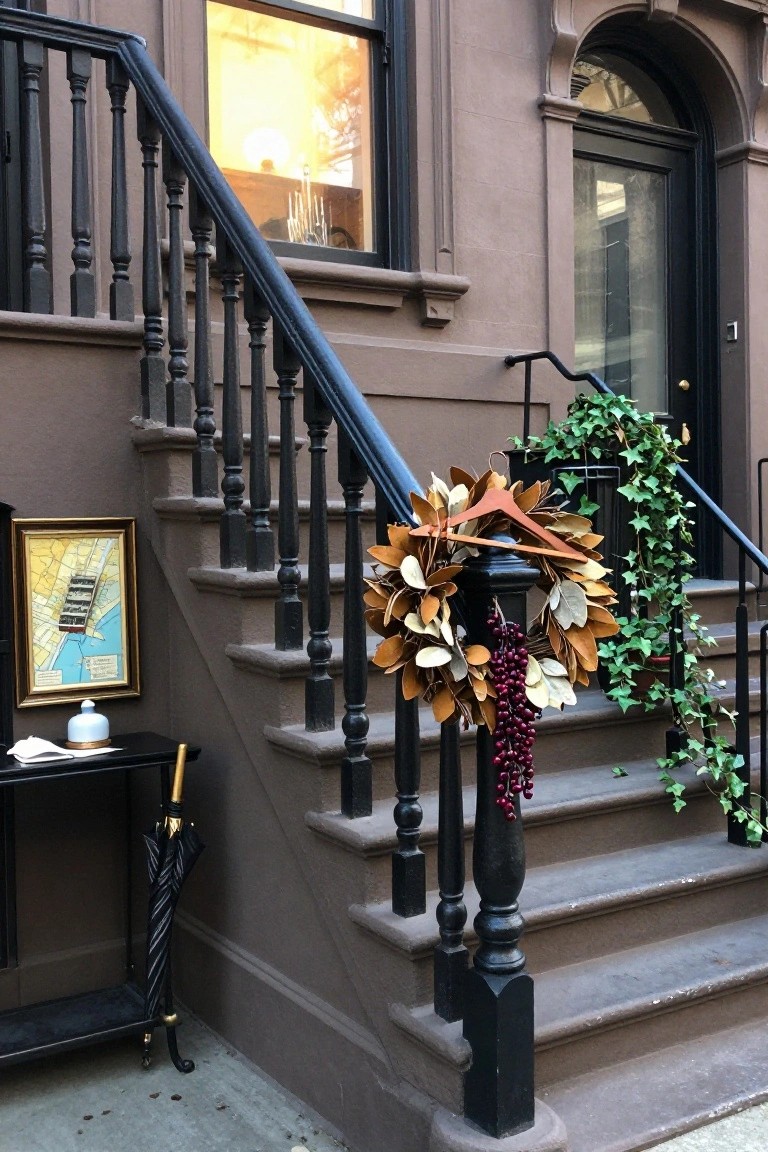 Brownstone house exterior featuring a staircase with black iron railing, a large wreath of tan magnolia leaves, red grapes, and wooden hanger draped over one railing post, ivy vines nearby, small black table with framed map, vase, and umbrella stand at base of stairs.