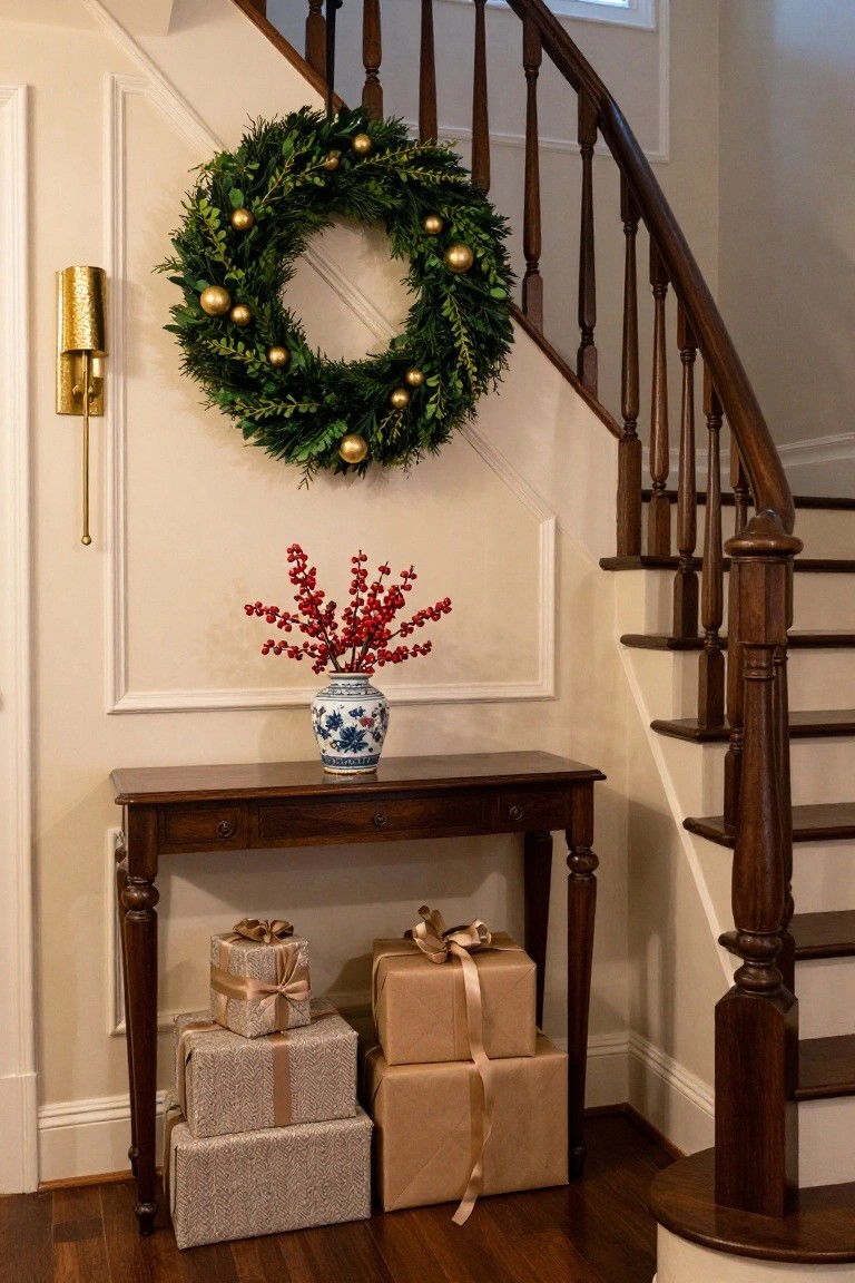 A large green wreath decorated with gold balls hangs on a beige wall beside a wooden staircase, next to a console table with a blue vase of red berries and several wrapped gift boxes on a hardwood floor.