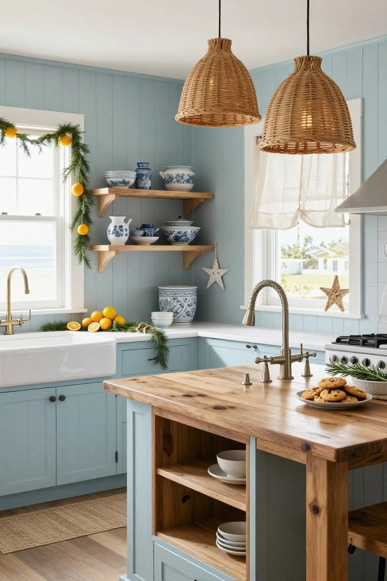 Light blue shiplap kitchen with white farmhouse sink, wooden island, rattan pendant lights, blue and white china on shelves, Christmas pine garlands with oranges on window and counter, star ornaments, and ocean view through sheer-curtained window.