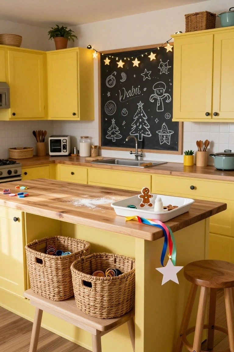 Yellow kitchen with cabinets, wooden island holding gingerbread cookies and baking tray, chalkboard wall with child-drawn Christmas stars trees and figure, fairy lights above, and wicker baskets nearby.