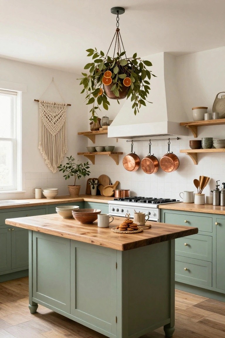 Kitchen with sage green cabinets and wooden island topped with bowls, cookies, and a mug, featuring a hanging plant with dried orange slices above the island, copper pots on wall shelves, and various plants and pottery.