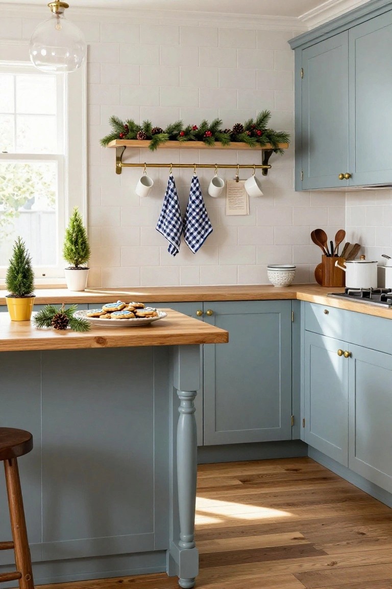 Kitchen with blue shaker cabinets, wooden island and counters, white subway tile backsplash, open shelf garland of pine branches and pinecones, small potted trees, hanging mugs and towels, and cookies on a plate.
