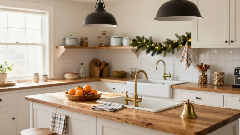 White kitchen with open wooden shelves holding pots and displaying evergreen garland with fairy lights, wooden island topped with bowl of oranges and brass bell, gold faucet over white sink, black pendant lights hanging above.