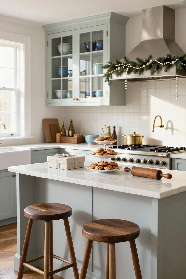 Kitchen with sage green cabinets, white subway tile backsplash, white island countertop, wooden stools, stainless range hood decorated with evergreen garland and pearl strands, tiered cookie stand, wrapped gift box, and gold pots on stove.
