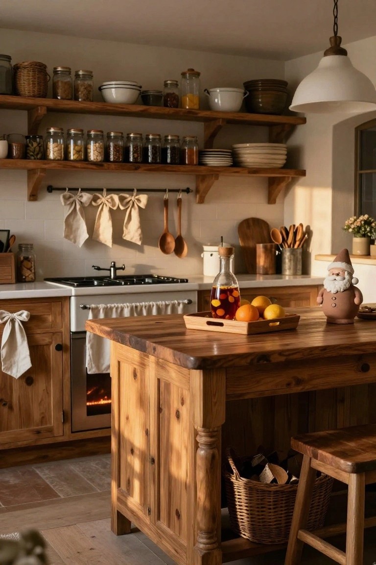 Rustic kitchen with wooden cabinets and island, open shelves holding jars and dishes, white pendant light, and on the island a ceramic Santa figure, wooden tray of oranges and lemons, and glass carafe with reddish liquid.