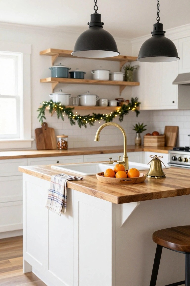 White kitchen with open wooden shelves holding pots and displaying evergreen garland with fairy lights, wooden island topped with bowl of oranges and brass bell, gold faucet over white sink, black pendant lights hanging above.
