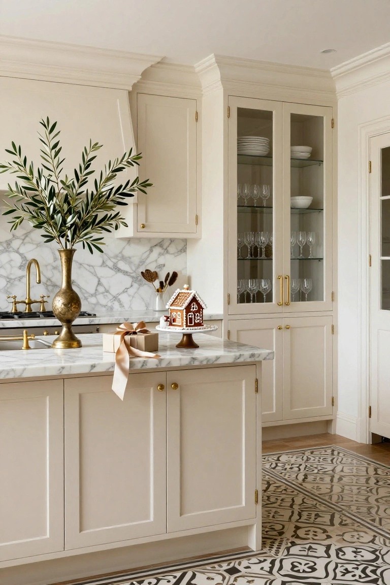 Cream kitchen island with marble countertop holding a brass vase of olive branches, pedestal with gingerbread house, and wrapped gift box, flanked by white cabinets, marble backsplash, glass-front upper cabinets, and patterned floor tiles.