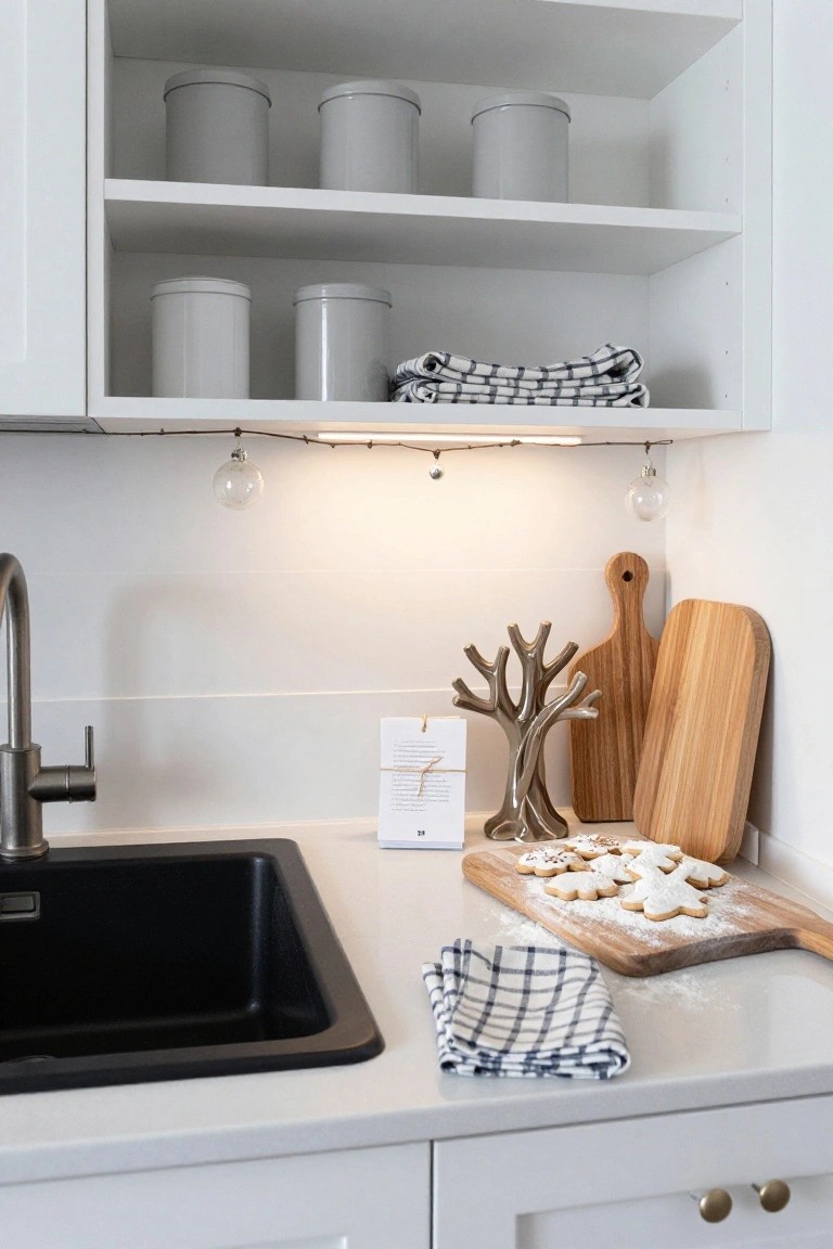 White kitchen with open cabinets holding gray canisters, black sink, wooden cutting board of snowflake cookies on quartz counter, glass ornaments hanging from under-cabinet light strip, metallic branch sculpture, and checkered dish towel.