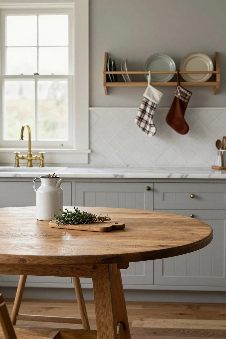 Kitchen with gray cabinets, white subway tile backsplash, brass faucet, open wooden shelf displaying plates and hanging plaid and red Christmas stockings, round wooden table holding white pitcher with cinnamon sticks and thyme bundle on cutting board, near a window.
