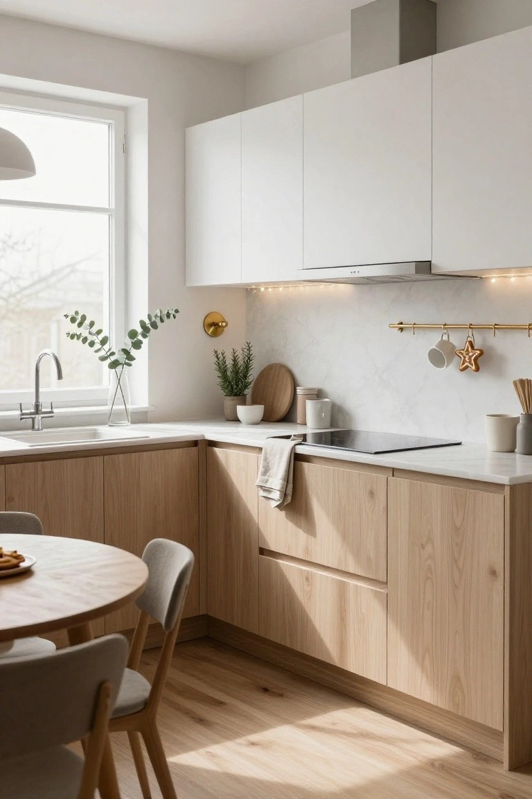 Modern L-shaped kitchen with white upper cabinets, light oak lower cabinets, white marble counters and backsplash, brass rail holding mugs and gingerbread ornaments above the sink, round wood dining table with gray chairs nearby.