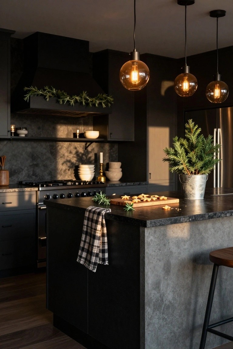 Dark modern kitchen with black cabinets, a range hood decorated with rosemary garland, three pendant lights, a central island holding gingerbread cookies on a wooden board and a checkered towel, and a small Christmas tree in a metal bucket by the fridge.