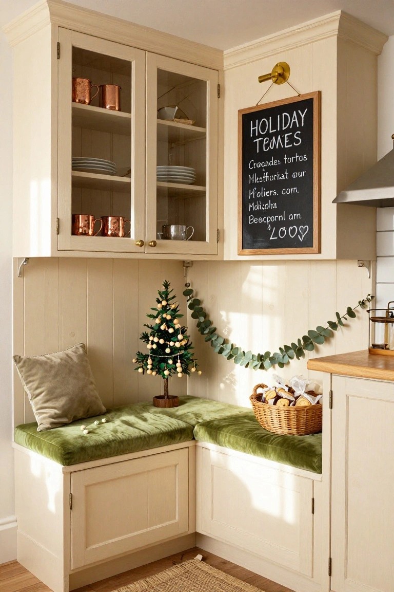 Cream kitchen corner with glass-door cabinets displaying copper mugs and plates, built-in green velvet bench seating, small decorated Christmas tree, eucalyptus garland, basket of pastries on wooden counter, and chalkboard sign saying "Holiday Times".