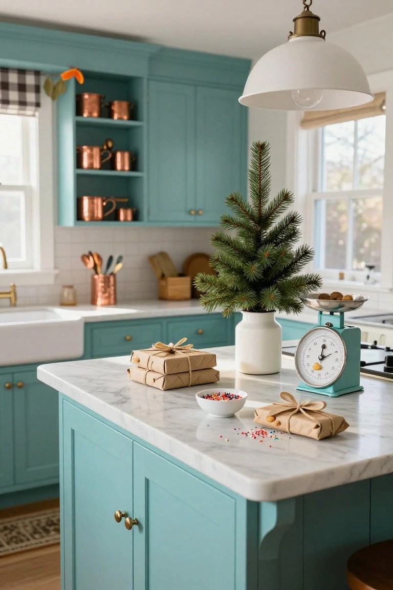 Teal kitchen with marble island holding a small potted Christmas tree in a white vase, wrapped brown paper gifts, a bowl of colorful sprinkles, and a turquoise vintage scale, plus copper pots on open shelves.