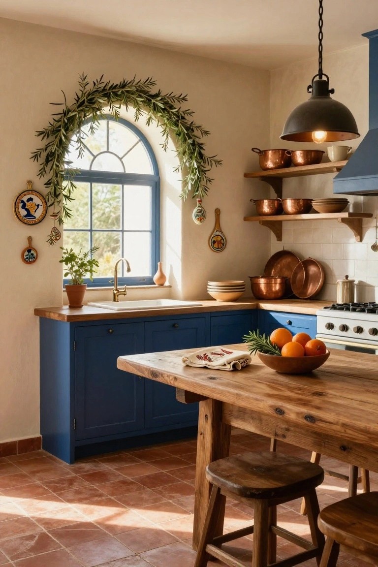Kitchen interior featuring blue cabinets, wooden table with oranges in a bowl, copper pots on shelves, and olive branch garland draped around an arched blue window above the sink.